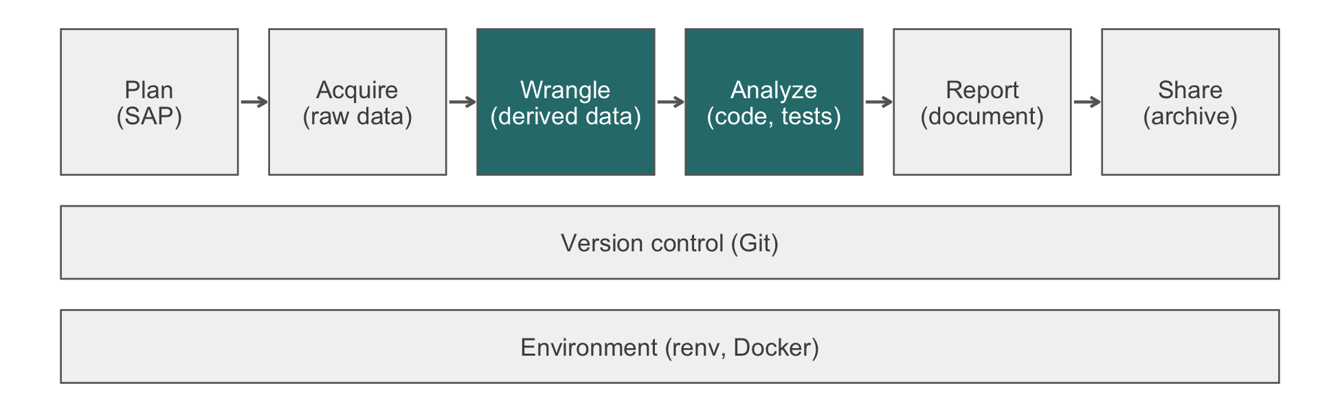 Diagram of the analysis pipeline: six stages in order (Plan, Acquire, Wrangle, Analyze, Report, Share) above two bands that run under every stage (Version control and Environment). Highlighted for this chapter: Wrangle and Analyze.
