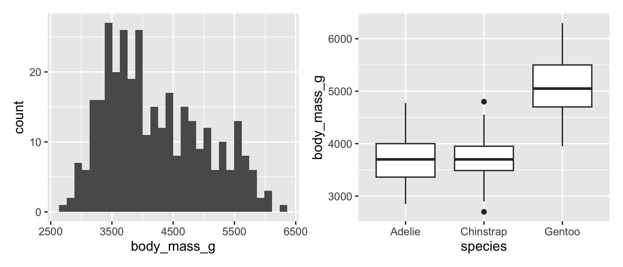 Two panels side by side: a histogram of penguin body mass on the left, and a boxplot of body mass by species on the right.